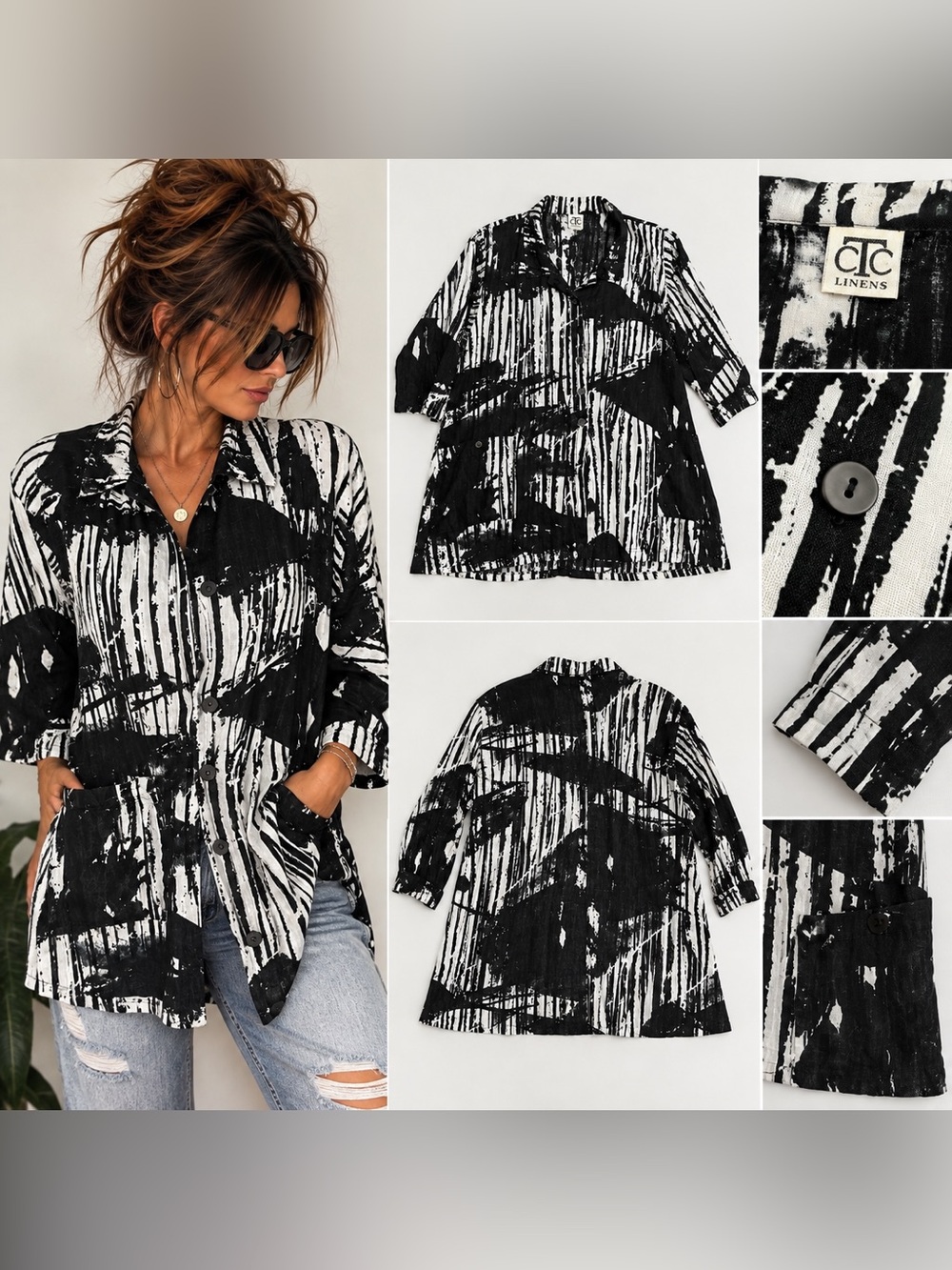 CTC Linens 100% Linen Abstract Art Button Down Shirt XL Made USA Lagenlook Artsy